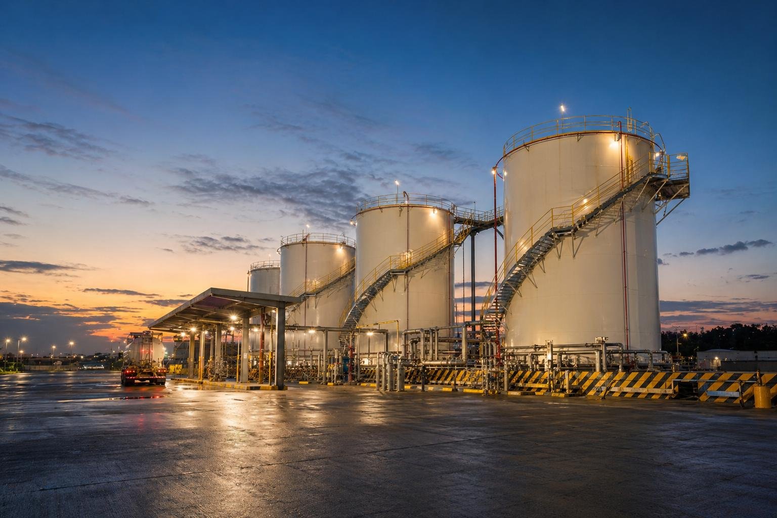 Fuel storage tanks at an industrial terminal
